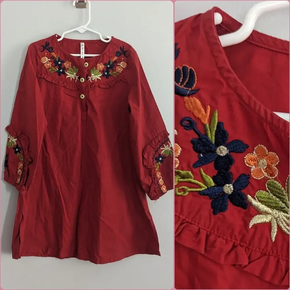 Girl's Well Loved Dress Cotton Red Embroidered Size 7-8 Fall Bohemian